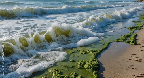 A Dramatic Shot Of The Beach. The Waves Are Crashing Onto The Shore, Creating Bubbles. The Beach Is Covered With Green Algae, Further Along It's Sandy. Hidden Secluded Beach. With Empty Space For Text photo
