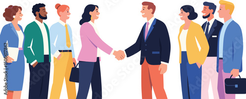 Diverse business team shaking hands and collaborating in professional office environment, successful partnership agreement and teamwork communication concept, flat vector illustration