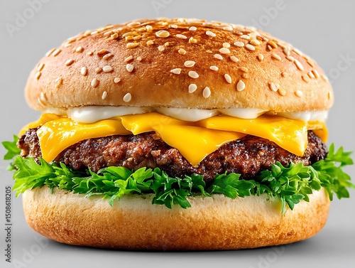 Delicious and Appetizing Cheeseburger with Fresh Ingredients on a Light Gray Background