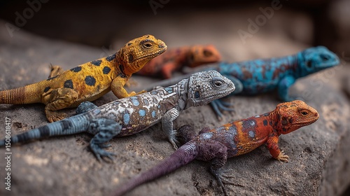 A colorful gathering of lizards congregates atop a textured rock surface, displaying a vibrant array of scales in shades of yellow, orange, blue, and grey.