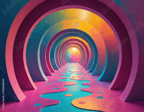 Abstract Colorful Tunnel with Circular Archways