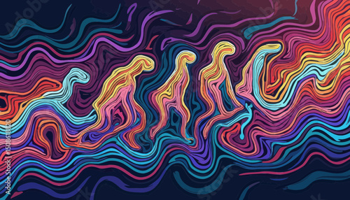 Abstract Evolution: Colorful Wave Pattern with Hominid Figures