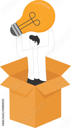 Man standing in a box and holding a glowing lightbulb