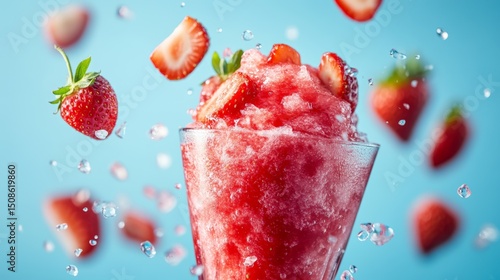 Refreshing strawberry slush with fresh sliced berries and splashing drops on a blue background