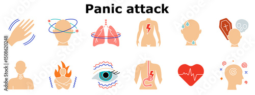 Panic attack set icon. Dizziness, trembling, chest pain, nausea, sweating, suffocation, fear, disorientation, hot flashes, rapid heartbeat, blurred vision, mental confusion. Multicolored icons.