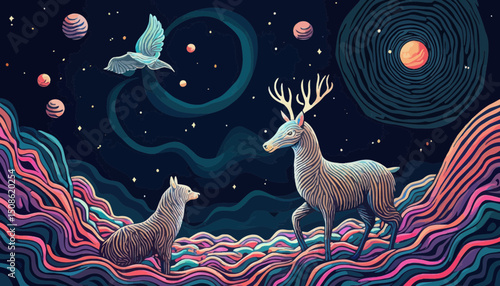 Pixel Art Deer and Wolf in a Cosmic Landscape