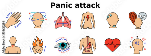 Panic attack set icon. Dizziness, trembling, chest pain, nausea, sweating, suffocation, fear, disorientation, hot flashes, rapid heartbeat, blurred vision, mental confusion. Multicolored icons.