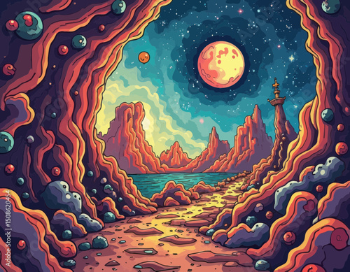 Pixel Art Fantasy Landscape with Red Planet and Cave
