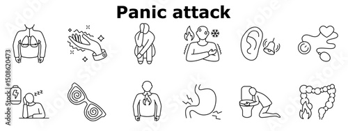 Panic attack set icon. Shivering, hyperventilation, despair, chest discomfort, chills, hallucination, fatigue, eye strain, nausea, vomiting, stomach cramp, pressure, hearing issue, confusion.