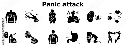 Panic attack set icon. Shivering, hyperventilation, despair, chest discomfort, chills, hallucination, fatigue, eye strain, nausea, vomiting, stomach cramp, pressure, hearing issue, confusion.