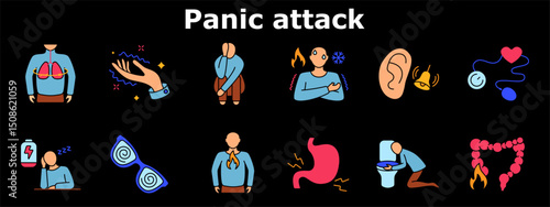 Panic attack set icon. Shivering, hyperventilation, despair, chest discomfort, chills, hallucination, fatigue, eye strain, nausea, vomiting, stomach cramp, pressure, hearing issue, confusion.