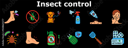 Insect control set icon. Mosquito bite, no bug sign, pet safety, repellents, itch, facial swelling, bacteria, rash, chemical spray, bite prevention, swatter, antihistamines. Multicolored icons.