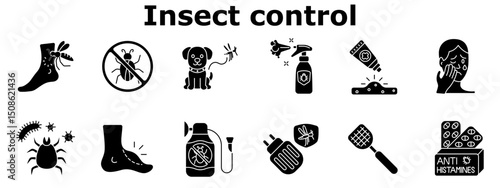 Insect control set icon. Mosquito bite, no bug sign, pet safety, repellents, itch, facial swelling, bacteria, rash, chemical spray, bite prevention, swatter, antihistamines.