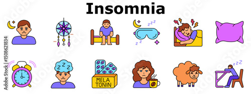 Insomnia set icon. Sadness at night, dreamcatcher, sleeplessness, eye mask, disturbed rest, pillow, clock, melatonin, tired face, coffee, sheep, fatigue. Multicolored icons.