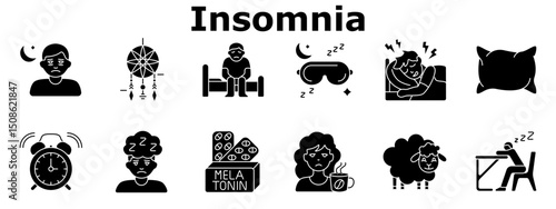 Insomnia set icon. Sadness at night, dreamcatcher, sleeplessness, eye mask, disturbed rest, pillow, clock, melatonin, tired face, coffee, sheep, fatigue.