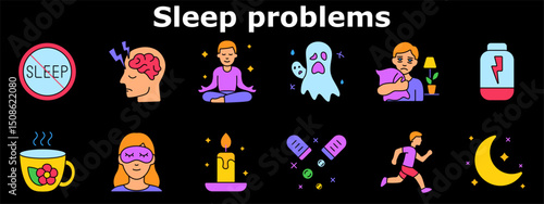 Sleep problems set icon. Insomnia symbol, overactive brain, meditation, nightmares, sadness, tiredness, tea, mask, candle, medicine, moonlight, running, anxiety. Multicolored icons.
