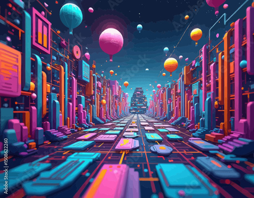 Vibrant Pixel Art Cityscape with Glowing Buildings