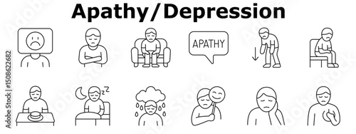 Apathy set icon. Emotional numbness, disinterest, speechlessness, fatigue, detachment, sadness, fake smile, insomnia, loneliness, low energy, despair, low appetite.