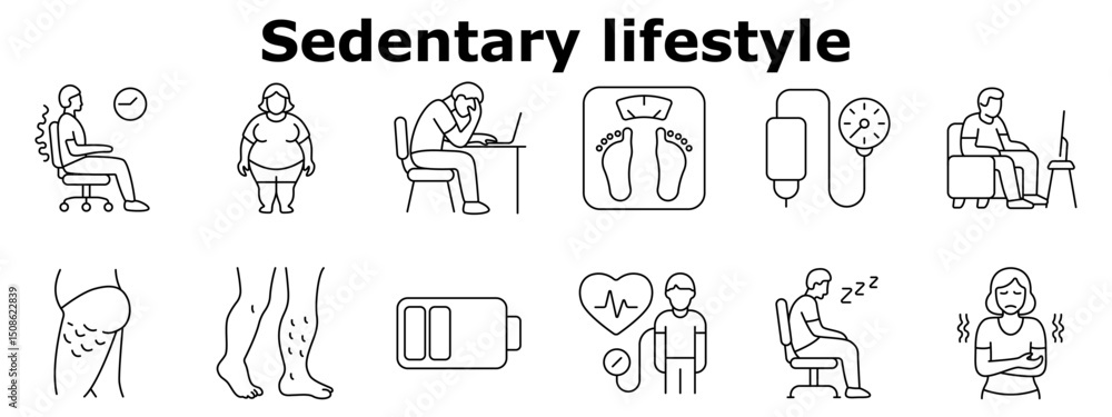 Sedentary lifestyle set icon. Back pain, obesity, fatigue, high blood pressure, poor circulation, tired legs, low energy, inactivity, varicose veins, health decline. Sedentary lifestyle set icon. Back pain, obesity, fatigue, high blood pressure, poor circulation, tired legs, low energy, inactivity, varicose veins, health decline.