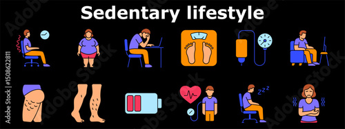 Sedentary lifestyle set icon. Back pain, obesity, fatigue, high blood pressure, poor circulation, tired legs, low energy, inactivity, varicose veins, health decline. Multicolored icons