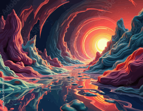 Vibrant Pixel Art Landscape with Red and Blue Mountains