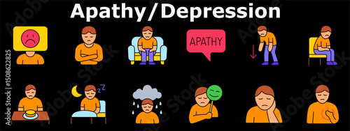 Apathy set icon. Emotional numbness, disinterest, speechlessness, fatigue, detachment, sadness, fake smile, insomnia, loneliness, low energy, despair, low appetite. Multicolored icons