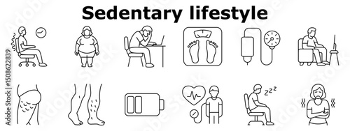 Sedentary lifestyle set icon. Back pain, obesity, fatigue, high blood pressure, poor circulation, tired legs, low energy, inactivity, varicose veins, health decline.