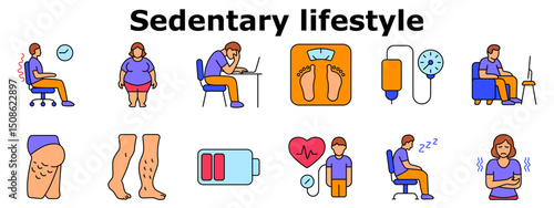 Sedentary lifestyle set icon. Back pain, obesity, fatigue, high blood pressure, poor circulation, tired legs, low energy, inactivity, varicose veins, health decline. Multicolored icons