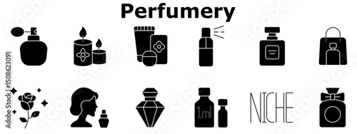 Perfumery set icon. Spray bottle, scented candles, cosmetic packaging, aromatic sprayer, luxury bottle, tester sample, rose scent, niche perfume, shopping.