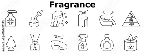 Fragrance set icon. Pump bottle, dropper, aroma inhalation, spray bottle, relaxation, scent pyramid, air freshener, reed diffuser, perfume spritz, room spray, bottle, scented candle.