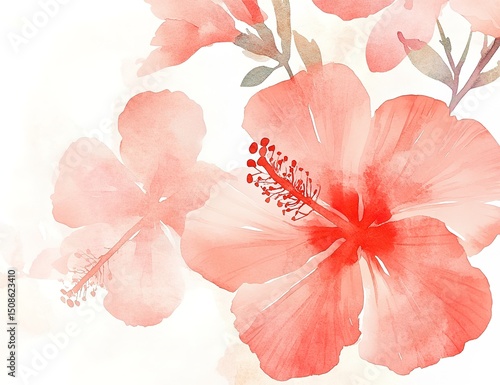 Watercolor Pink And Red Hibiscus Flowers