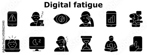Digital fatigue set icon. Warning on phone, sleepy user, tired eyes, screen time, mobile overload, laptop stress, computer sleep, headache, time drain, phone addiction.