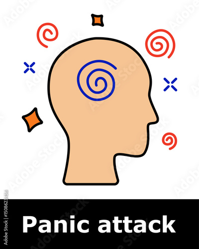 Panic attack icon. Human head with spiral inside and chaotic elements around illustrating dizziness, disorientation, mental overload, anxiety, confusion, inner tension, stress.