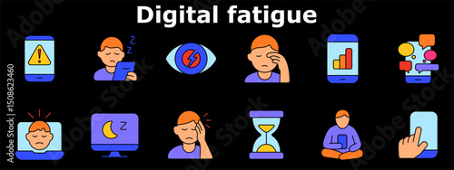 Digital fatigue set icon. Warning on phone, sleepy user, tired eyes, screen time, mobile overload, laptop stress, computer sleep, headache, time drain, phone addiction.