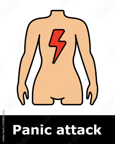 Panic attack icon. Female body silhouette with lightning on chest showing pain, shock, emotional tension, psychosomatic reaction, pressure.