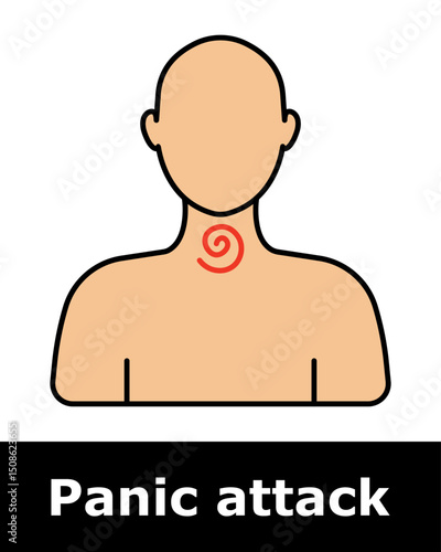 Panic attack icon. Person with spiral on throat symbolizing choking sensation, breath difficulty, tight throat, stress symptom, fear.