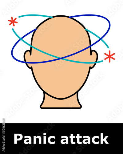 Panic attack icon. Head with orbiting lines and asterisks showing dizziness, mental disorientation, instability, confusion, sensory overload, balance disturbance.