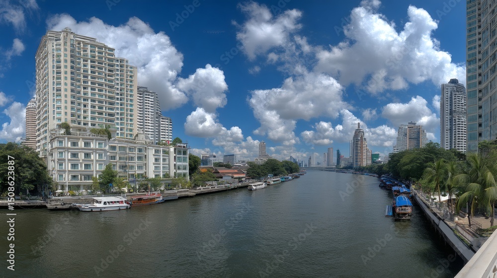 Fototapeta premium Scenic View of River with Modern Cityscape and Blue Sky