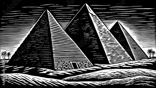 Ancient egyptian pyramid of Giza black and white isolated hand drawn sketch vector
