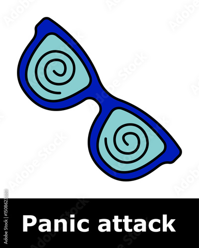 Panic attack icon. Glasses with spiral lenses symbolizing distorted vision, disorientation, mental overload, altered perception, visual confusion.