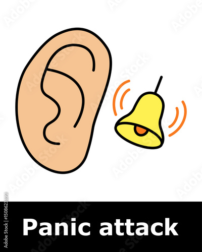 Panic attack icon. Ear and ringing bell showing hypersensitivity to sound, auditory overload, ringing, tension, sensory disturbance.
