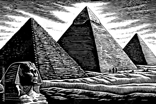 Ancient egyptian pyramid of Giza black and white isolated hand drawn sketch vector