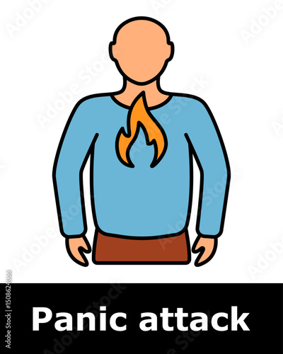 Panic attack icon. Person with flame on chest symbolizing burning sensation, heart discomfort, emotional intensity, internal turmoil.