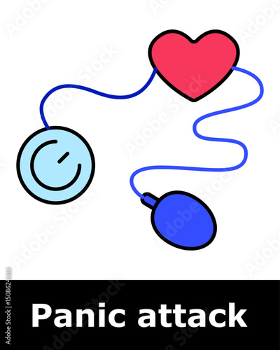 Panic attack icon. Heart connected to pressure cuff symbolizing blood pressure spikes, cardiovascular stress, emotional tension, physiological response.