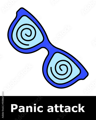 Panic attack icon. Glasses with spiral lenses symbolizing distorted vision, disorientation, mental overload, altered perception, visual confusion.