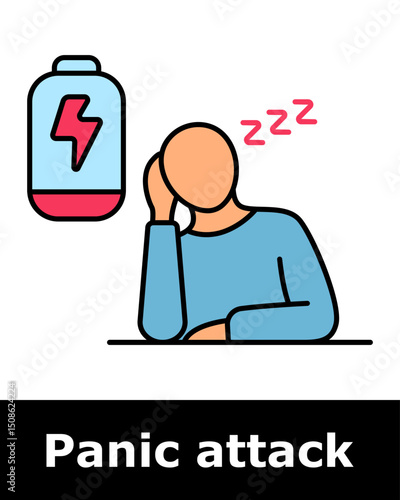 Panic attack icon. Person with empty battery and lightning bolt showing exhaustion, fatigue, low energy, burnout, mental depletion.