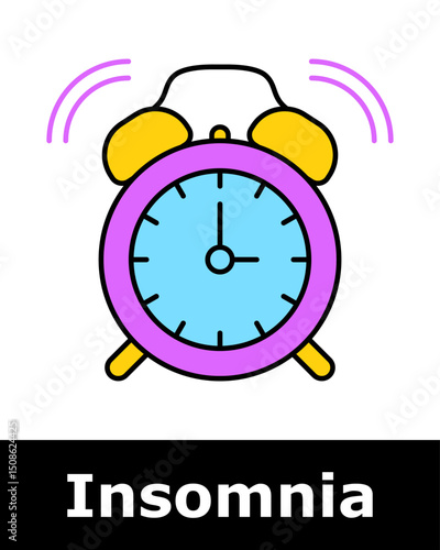 Insomnia icon. Vibrating alarm clock with bells and glowing blue face symbolizing sleep disruption and restlessness.