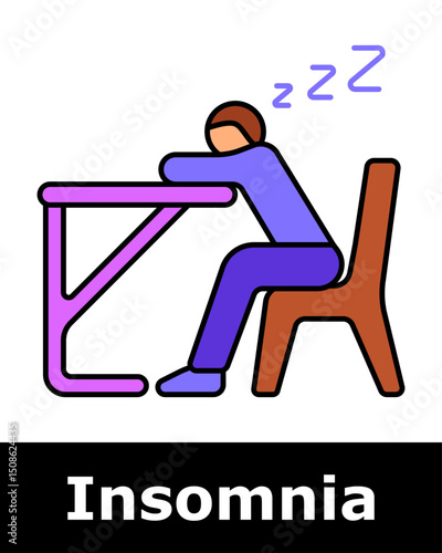 Insomnia icon. Person in purple outfit sleeping on desk from exhaustion, symbolizing fatigue caused by lack of proper rest at night.