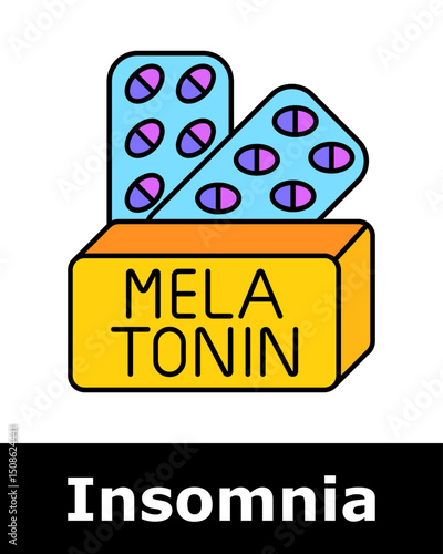Insomnia icon. Medicine box with purple capsules labeled melatonin for natural support of sleep cycle regulation.