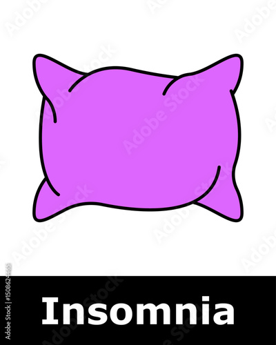 Insomnia icon. Soft purple pillow representing essential sleep accessory and comfort needed for quality rest and sleep hygiene.